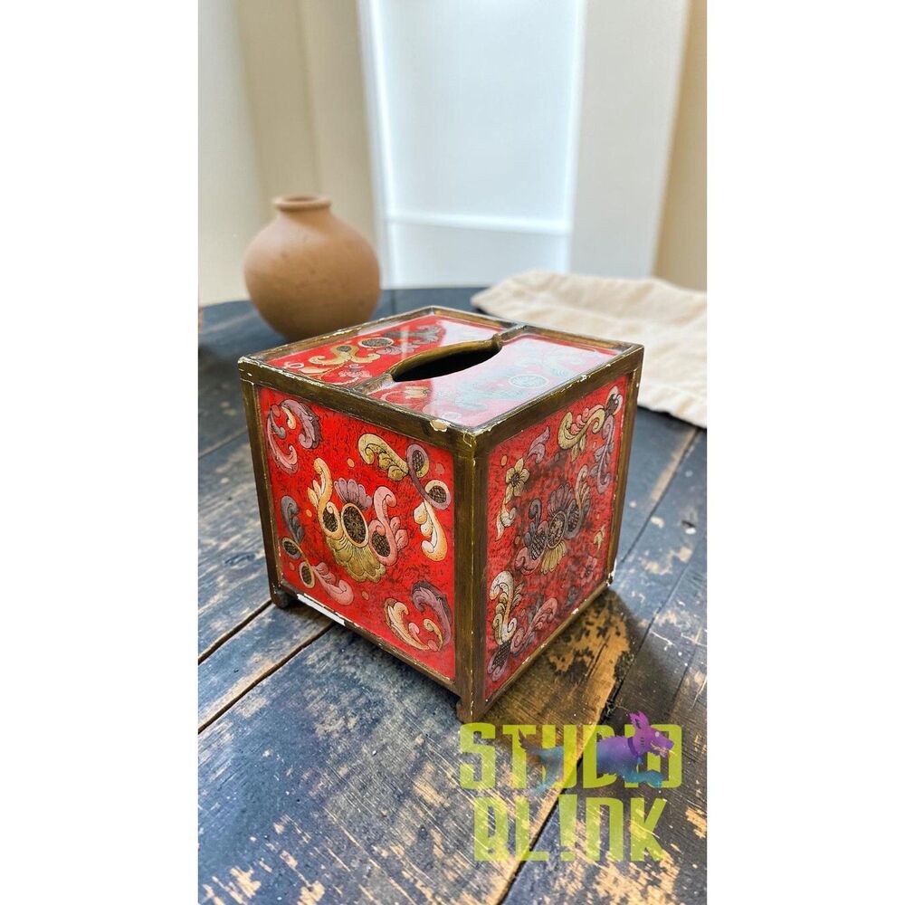 Hand-Painted Red Wood Tissue Box Cover, Ornate Scroll Floral Design